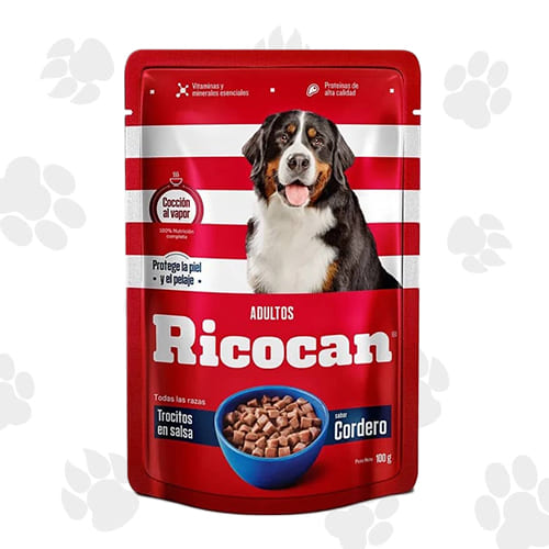 ricocan pouch trocitos en salsa adulto cordero 100gr Ricocan Pouch Trocitos en Salsa Adulto Cordero 100gr – Premium